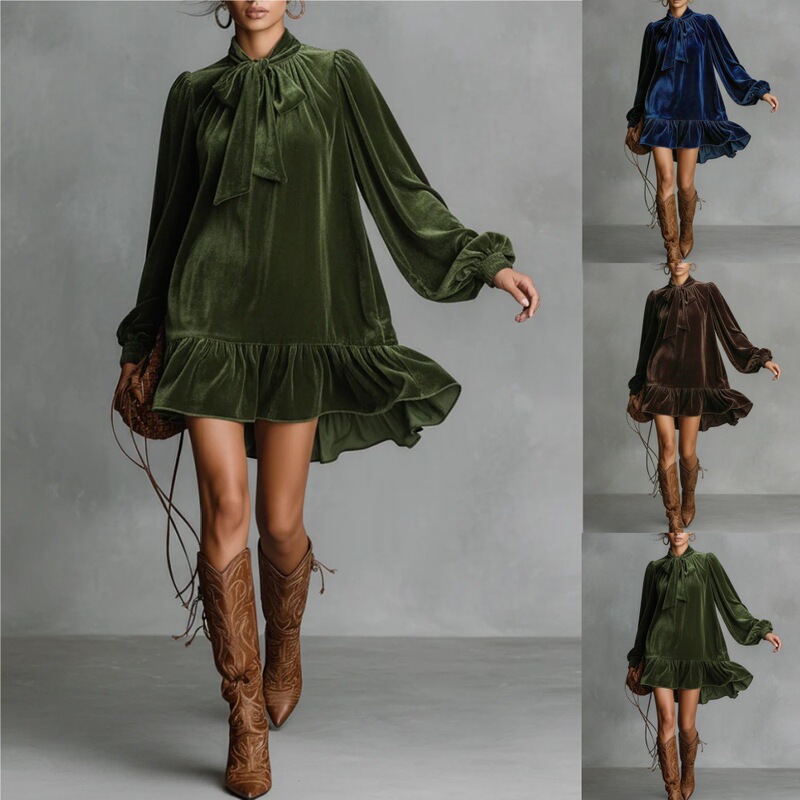 European and American Fashion Hot-Selling Cross-Border Casual Elegant Retro Style Skirt Loose Long-Sleeved Solid Color Velvet Dress European and American Fashion Hot-Selling Cross-Border Casual Elegant Retro Style Skirt Loose Long-Sleeved Solid Color Velvet Dress