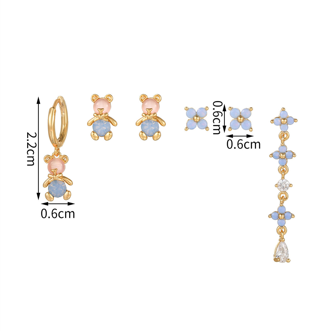 Fashion Bear Flower Brass Ear Studs Inlay Artificial Rhinestones Copper Earrings