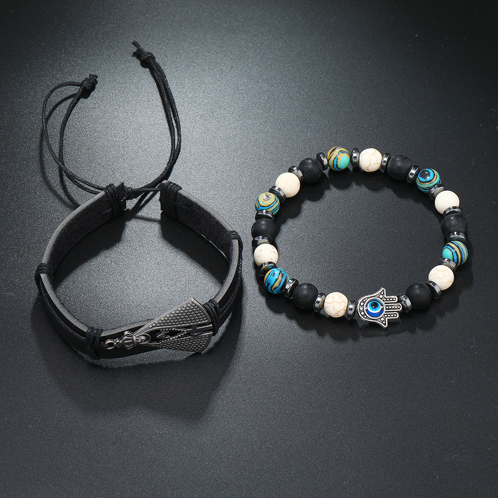 Retro Devil's Eye Palm Pu Leather Beaded Unisex Bracelets display picture 6