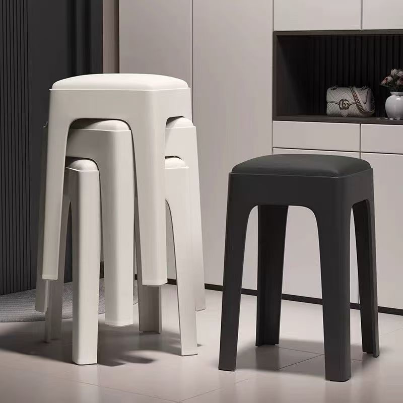 Plastic Stool for Home Use, Thickened and Stackable, Soft Cushion Square Stool, Modern Minimalist Living Room Dining Table High Stool, Light Luxury Stackable Stool