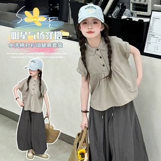 女童套装夏装2026新款儿童大童时髦女孩衬衫裙子裙裤韩版两件套