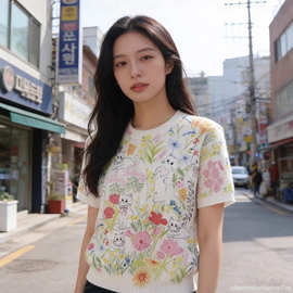 夏季新款小猫咪花卉印花圆领冰丝短袖上衣t恤上衣