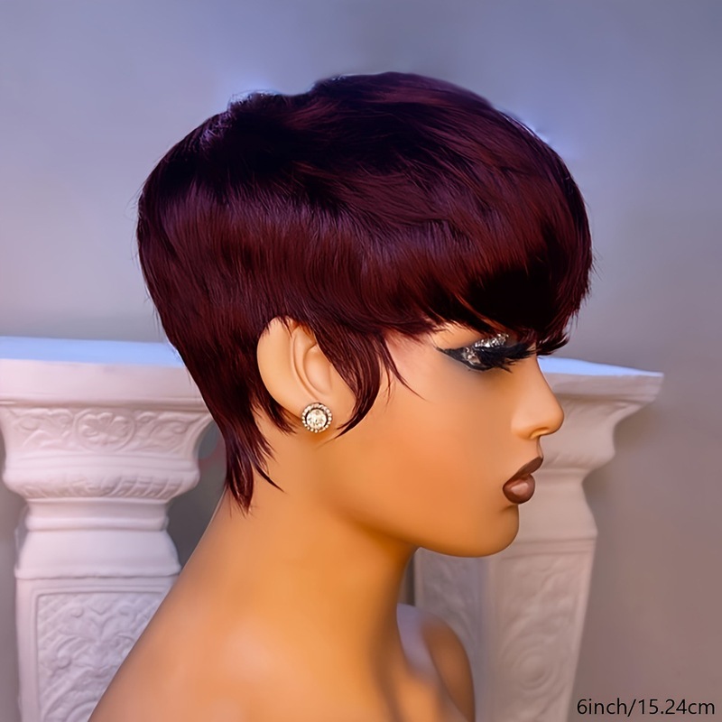 Women 6Inch Pixie Cut Wig with Bangs 99J wig 真人发humanhair|undefined