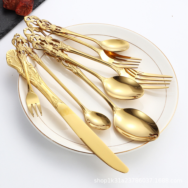 Cuchillo y tenedor de acero inoxidable en relieve de corte imperial transfronterizo Juego de vajilla de comida occidental de hotel Cuchara para mezclar Cuchara de café Cuchillo para carne