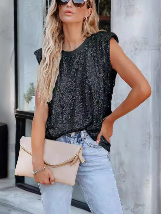 2025 Europa y los Estados Unidos nuevo Amazon Europa y los Estados Unidos nuevo colgar sequinilla suelta cuello en V sin mangas sequinilla casual profunda V-holling