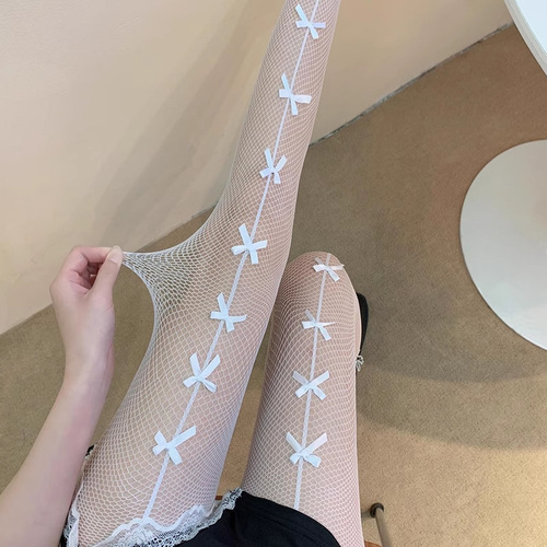 7个蝴蝶结网袜女薄款前后两穿连裤袜网格镂空纯欲渔网袜性感黑丝