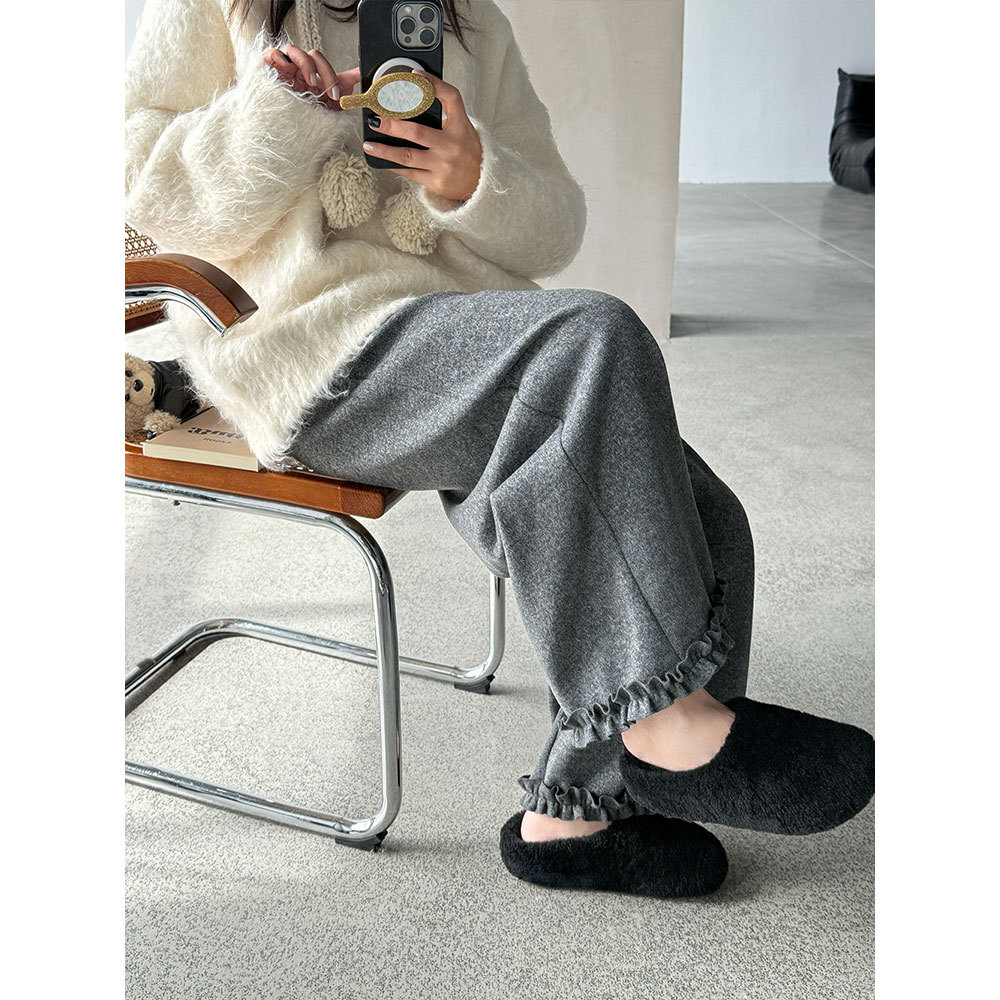 【王琪芝】九分裤木耳边休闲裤加绒垂感宽松显瘦阔腿直筒裤WQ091