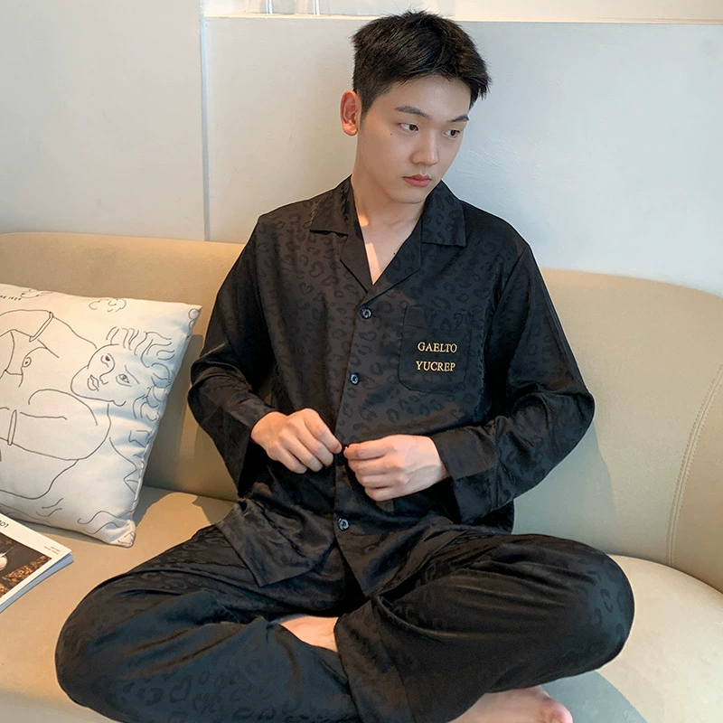 Высококачественная черная леопардовая пара пижама женская летняя ледяная шелковая тонкая 2024 новая весна и осень шелковая мужская домашняя одежда