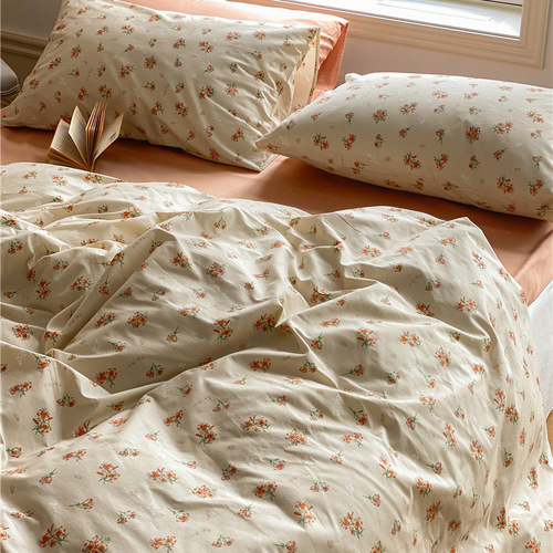Korean retro floral 100% cotton bed set including four pieces: sheet, duvet cover, and pillowcase set for dormitory, 1.8 meters