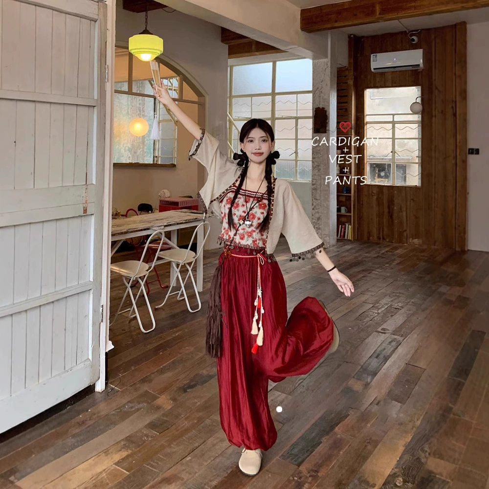 Новый китайский стиль: топ-камизоль, женский костюм, летний кардиган для защиты от солнца, брюки-фонарики, повседневный комплект из трех предметов в этническом стиле
