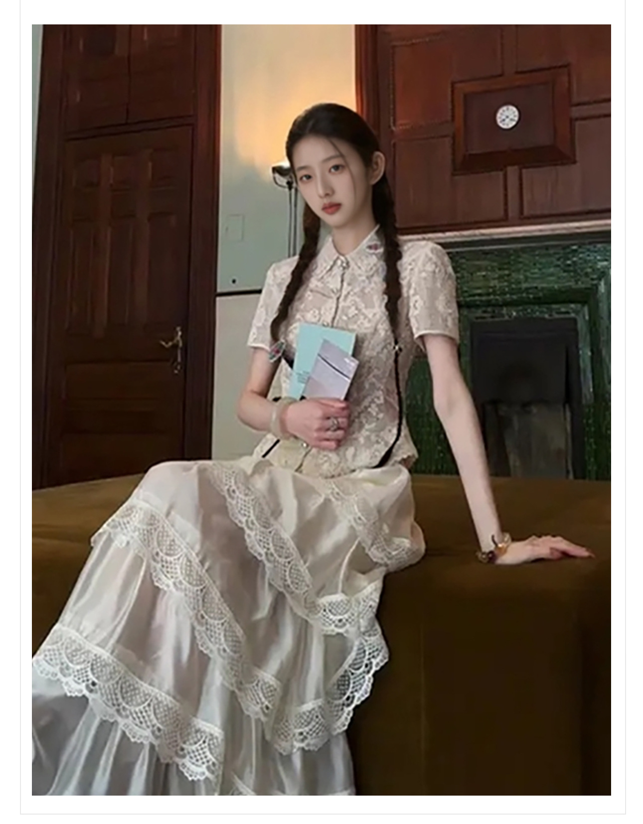 Bộ áo sơ mi lưới ôm eo phong cách retro kết hợp chân váy phồng mùa hè ZX N5034 — Áo, Váy nửa màu mơ chi tiết 3