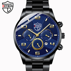 DEYROS 商務男士不鏽鋼鋼帶手錶夜光石英表男款時尚日曆腕錶男表