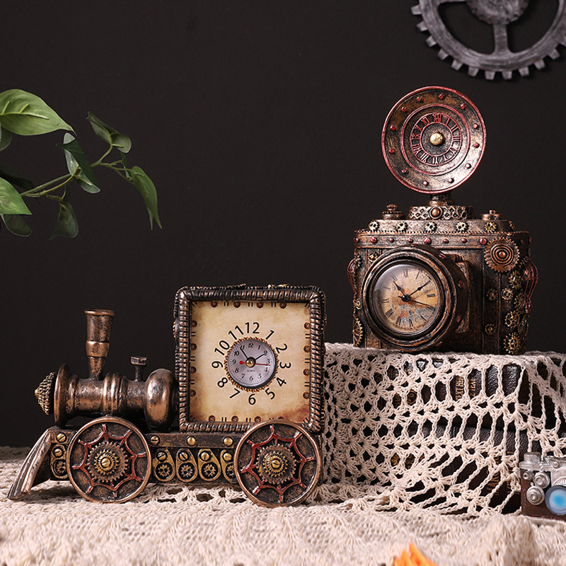 Retro camera ornaments American simulation mechanical locomotive clock resin crafts camera alarm clock decorations