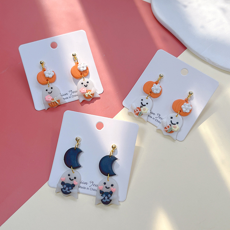 12g Weight 1 Pair Cute Streetwear Halloween Pattern Moon Soft Clay Drop Earrings