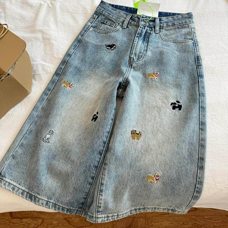 Trendy Retro Embroidered Dog Print Cropped Jeans for Women, Summer 2026 New Style, Loose Wide-Leg Trendy Retro Embroidered Dog Print Cropped Jeans for Women, Summer 2026 New Style, Loose Wide-Leg