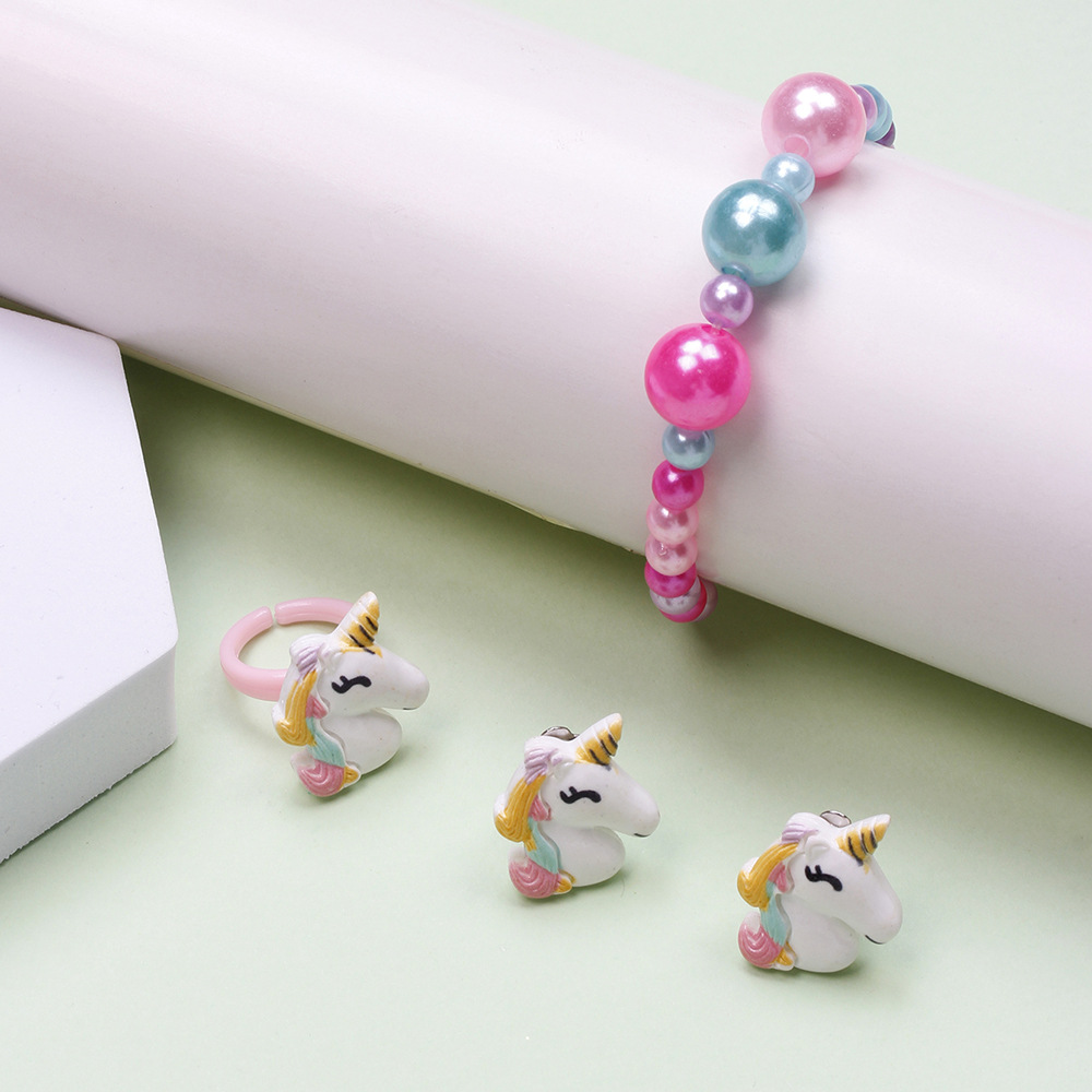 Cute Unicorn Crown Resin Beaded Rings Earrings Necklace 1 Set display picture 12