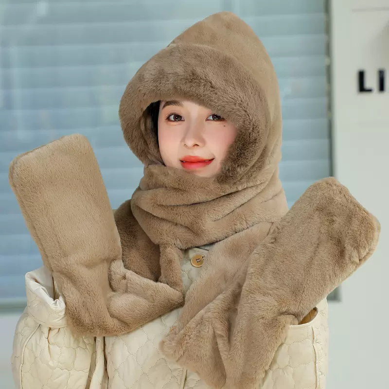 2025新款帽子围巾一体女秋冬季保暖大围脖三件套毛绒简约护耳连帽