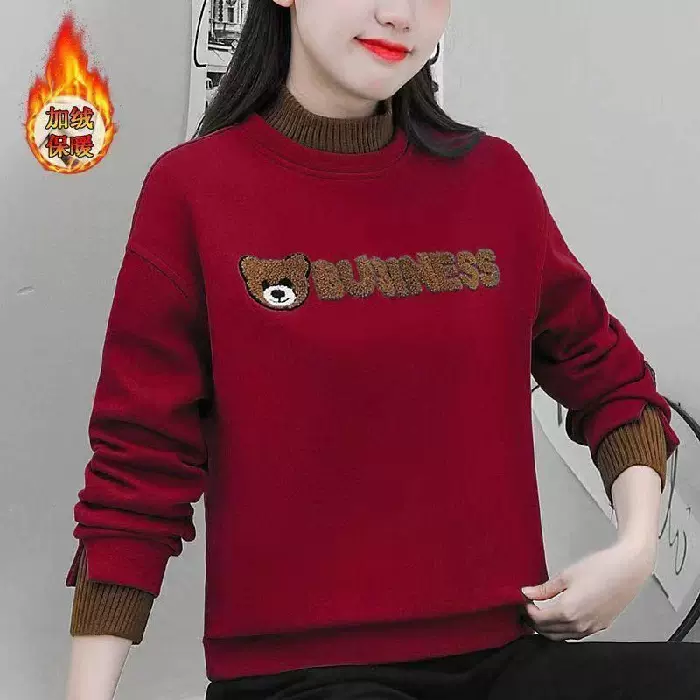 可爱小熊加绒女式卫衣秋冬绒衫半高领假两件拼接短款学生上衣批发
