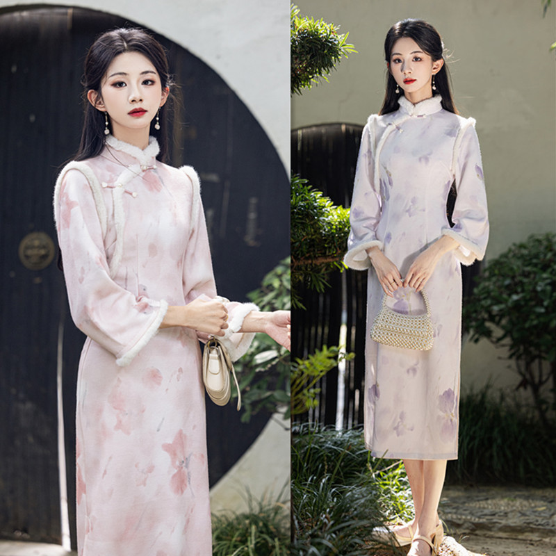 現代時尚改良中式長款短袖拼接旗袍2024秋冬新款日常可穿少女旗袍