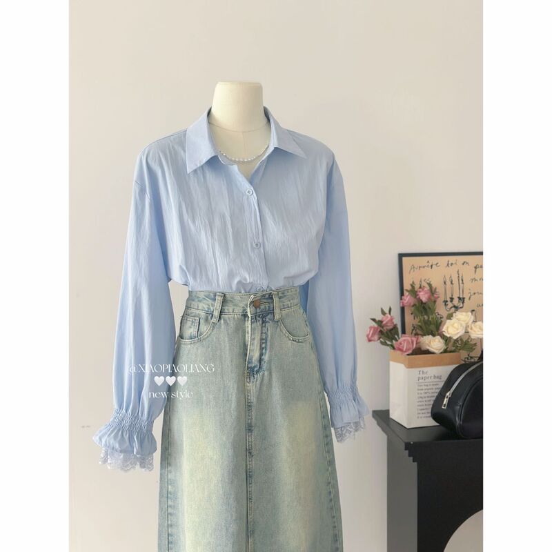 [Xiao Mei] Shahe French Spring Commuting Style Spliced Lace Cuffs Temperament Design Shirt 7382