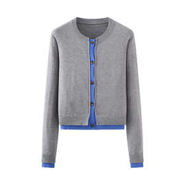 速卖通批发秋新款女装百搭圆领撞色边饰单排扣长袖针织开衫外套