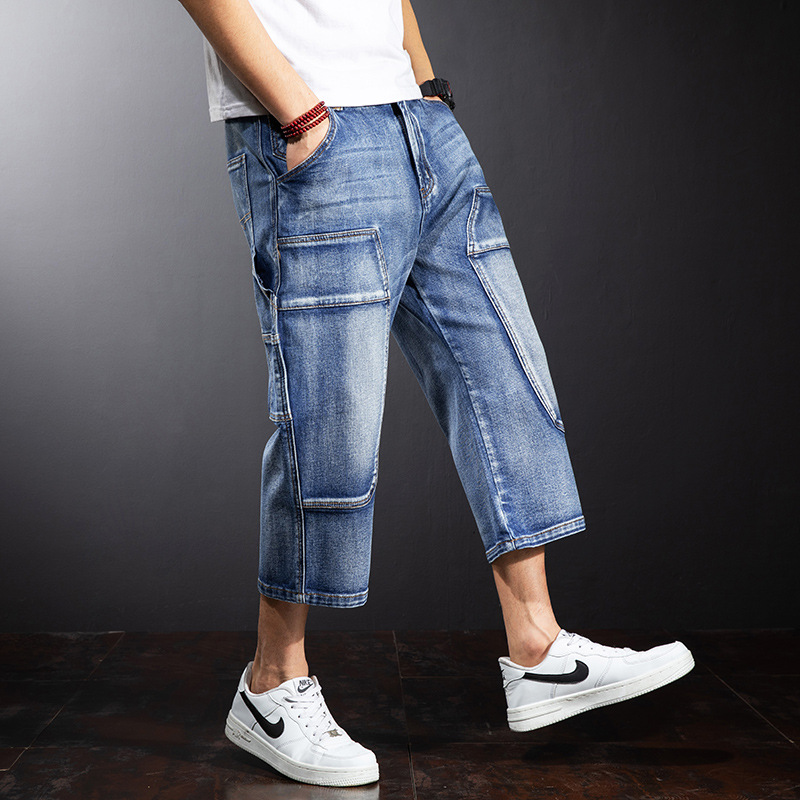 Plus Size Plus Size Stitching Fashion Brand Cropped Denim Shorts Men's Summer Thin Straight Loose plus size Cropped Trousers