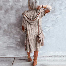 2024年亚马逊跨境带帽绒皮拼色贴布针织衫长袖中长款开衫毛衣外套