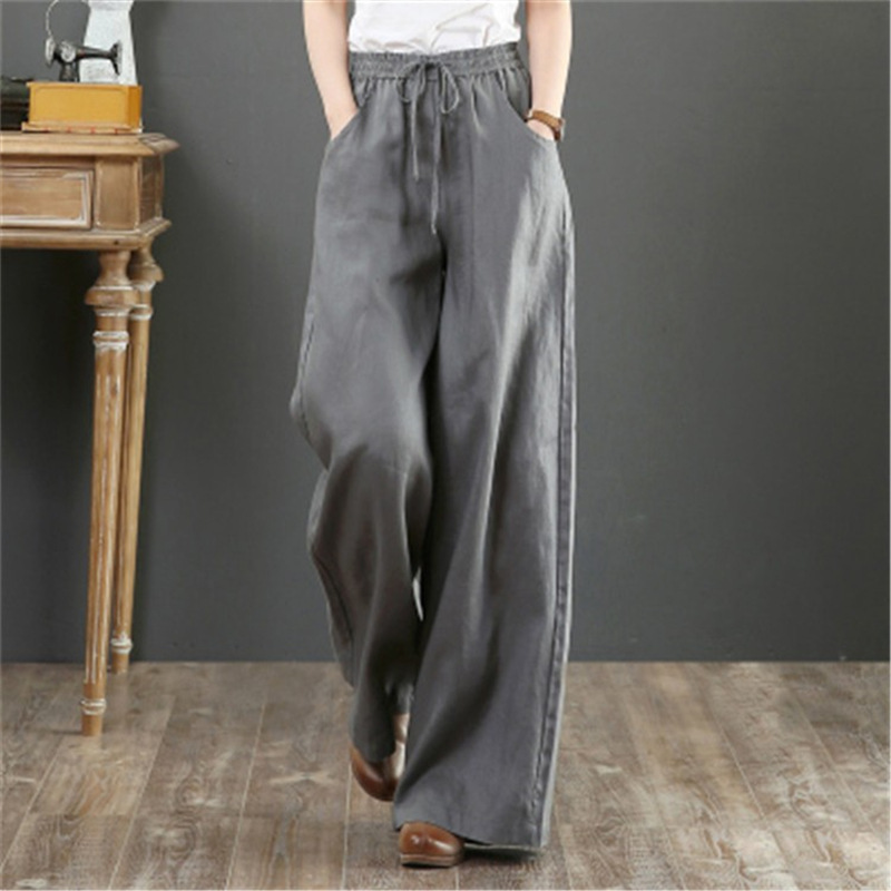 2026 Spring and Autumn New Style Solid Color Vintage Cotton Linen Casual Pants High Waist Loose Floor-Length Straight Wide-Leg Trousers for Women