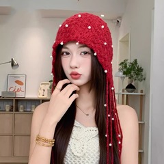 秋冬加厚民族风珍珠流苏套头帽女保暖护耳毛线帽出游百搭针织帽子