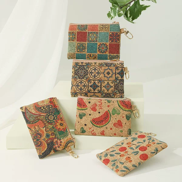 High Quality Square Cork Coin Purse Card Case Key Case Data Cable Storage Bag Amazon New 2024