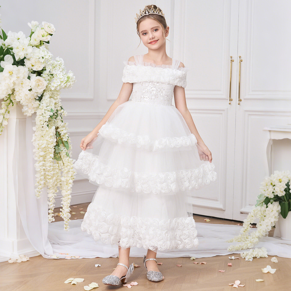 Ropa para niños europeos y americanos, vestidos para niños, vestidos de princesa de hilo esponjoso de flores de múltiples capas, vestidos de noche de actuación de piano de alta gama para niñas de flores