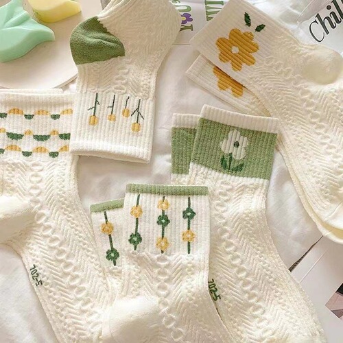 Socks autumn and winter women's mid-tube new ins trendy Japanese style fresh small flower mid-waist student Korean version women's stockings