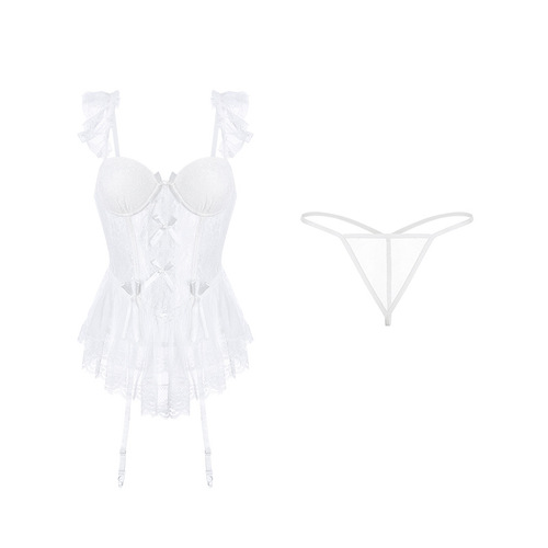 Gorgeous erotic lingerie sexy mesh see-through lace with chest pads and steel rings gathered suspender skirt uniform suit 2655