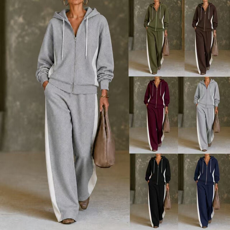 2026 Autumn/Winter Cross-Border European and American Women's New Color-Block Hooded Zipper Sweatshirt and Wide-Leg Pants Casual Sporty Two-Piece Set 2026 Autumn/Winter Cross-Border European and American Women's New Color-Block Hooded Zipper Sweatshirt and Wide-Leg Pants Casual Sporty Two-Piece Set