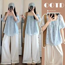 孕妇套装夏装2025新款镂空刺绣上衣猪鼻扣蕾丝花边阔腿裤两件套装