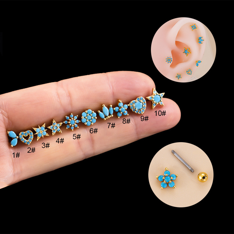 4g Weight Zircon Inlay Material Ear Studs Classification 1 Piece 316L Stainless Steel Copper Zircon Ear Cartilage Rings & Studs Pentagram Heart Shape Flower Women'S