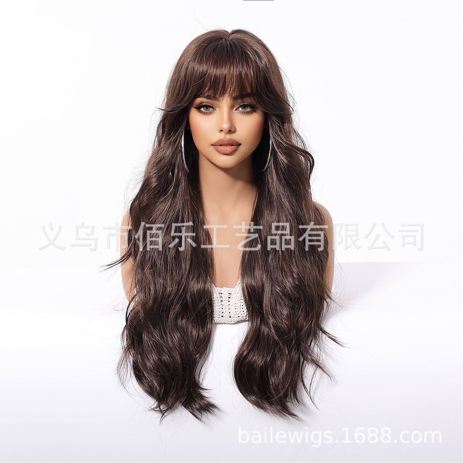 Nuevo estilo transfronterizo peluca marrón 26 pulgadas Qi flequillo pelo largo y rizado cubierta de cabeza completa fibra química mujer hair Europa y América spot image 3