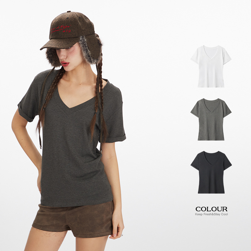 Summer HeyHenry Simple Spice Girl Slimming Solid Color Top Slim-fit V-neck All-match Basic Short-sleeved T-shirt for Women