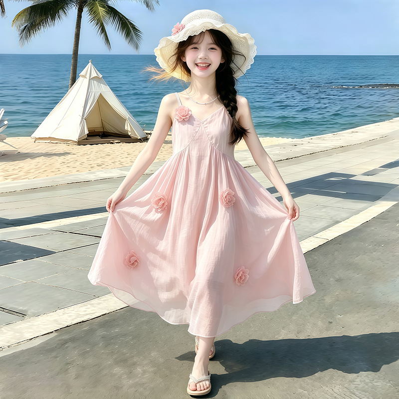 Super cute beach vacation dress for girls, 2026 new style, stunning pink sundress for children's travel.