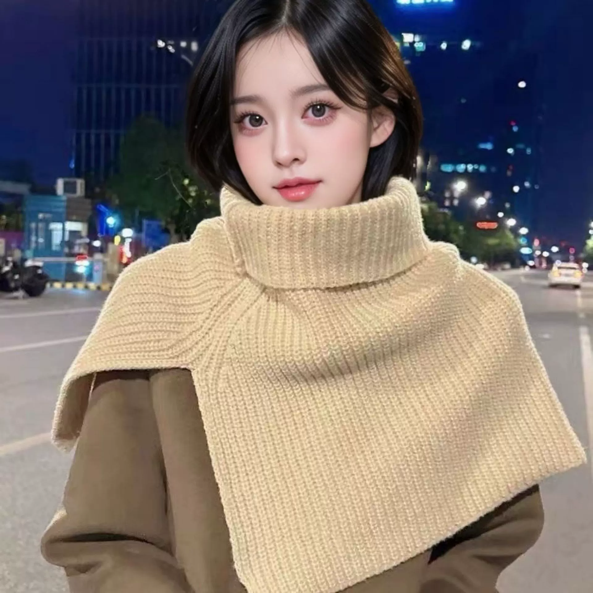 时尚开叉高领披肩女秋冬季韩版百搭针织围巾防寒保暖套头毛线围脖