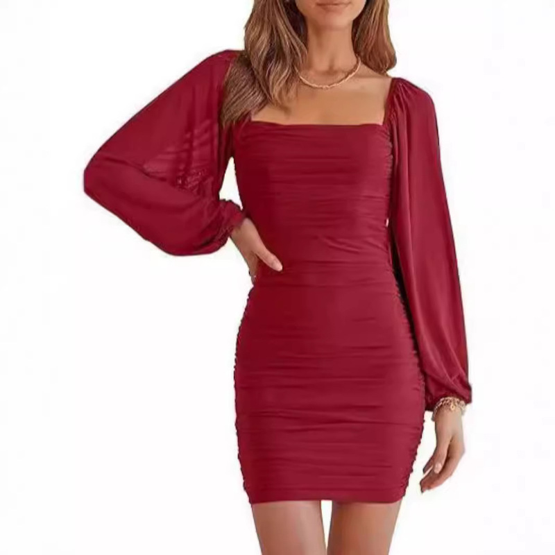 Spring and Autumn Elegant Square Collar Lantern Long Sleeve Pleated Tight dress Stretch Slim Party Cocktail Dress