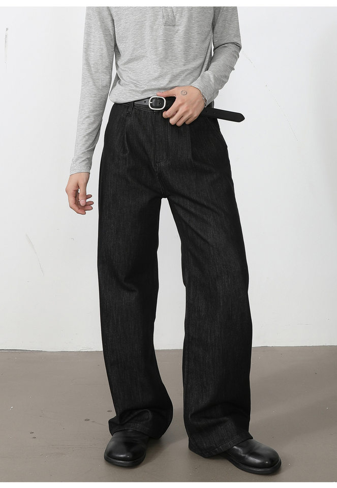 Quần jean nam ống rộng lưng trung, phom suông thoải mái, vải denim phối lụa sợi tổng hợp xếp li nhẹ — Cao bồi xanh, Cao bồi đen, Màu cà phê đậm chi tiết 16