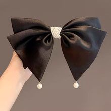 韩版新款温柔气质感蝴蝶结弹簧夹绸缎珍珠坠显头小发卡高级感发夹