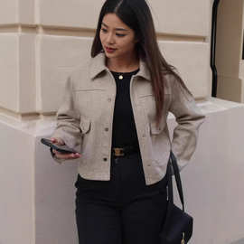 跨境春秋欧美女装外套日韩街头潮流呢子衬衫款女士毛呢外套上衣
