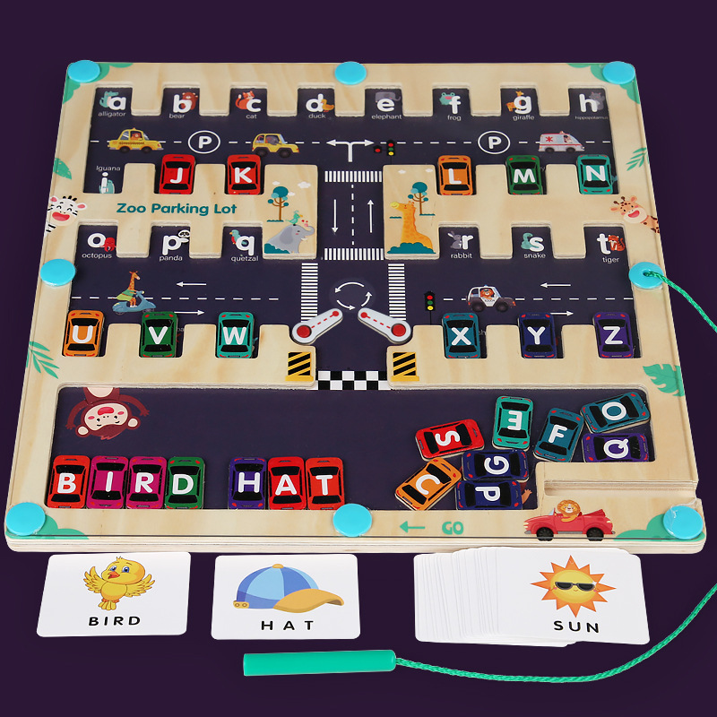 Coche de madera para niños que sale de la biblioteca para encontrar la posición carta a juego magnética palabra ortografía pluma laberinto caminar juguetes educativos