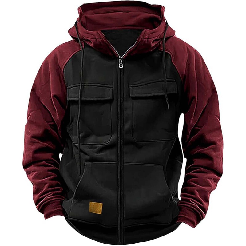 25 Cross-Border Spring and Autumn New Men's Hooded Solid Color Sweatshirt European and American Youth Sports Multi-Pocket Patch Leather Sweatshirt Workwear