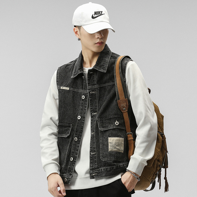 Plus-Size Men's Clothing, New Four-Season Workwear, Vintage-Style Denim Vest, Loose Oversized Simple Casual Denim Jacket