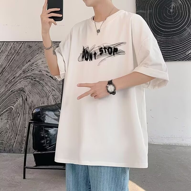 Heavyweight Pure Cotton American Retro Smoke Letter Print Short-Sleeve T-Shirt for Men, Summer Trendy Brand Ins Versatile Loose Top