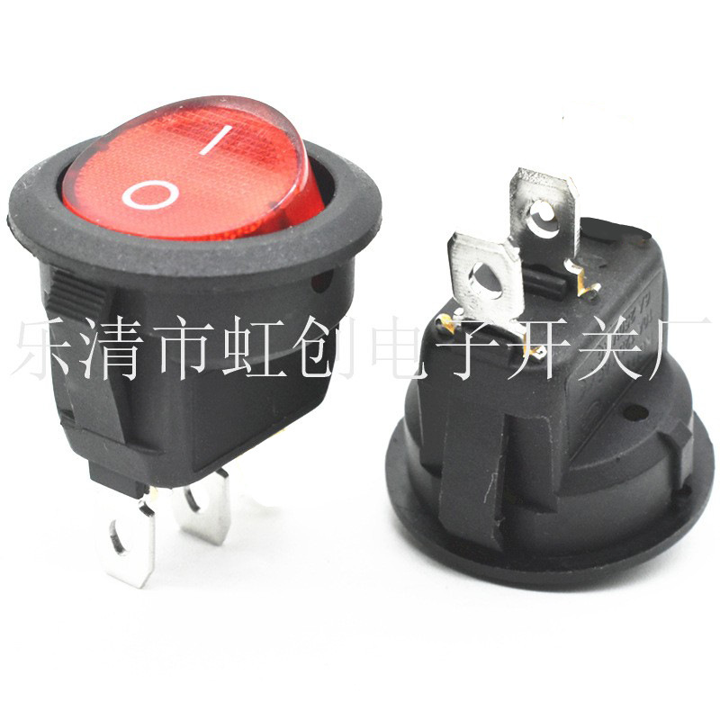圆形2脚透明红电源开关 KCD1 上圆下方圆形翘板开关 开孔20mm圆形