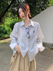韩系学院风蓝色条纹衬衫女早秋小个子设计感捏褶掐腰长袖上衣别致